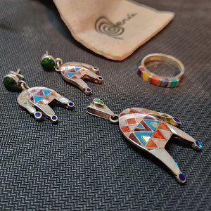 950 Peruvian Sterling Silver Earrings, Pendant & Ring